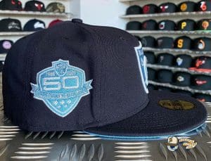 JustFitteds Exclusive Las Vegas Raiders Navy Sky Blue 59Fifty Fitted Hat by NFL x New Era Patch