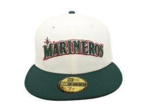 Seattle Mariners Marineros Chrome White Dark Green 59Fifty Fitted Hat by MLB x New Era Front