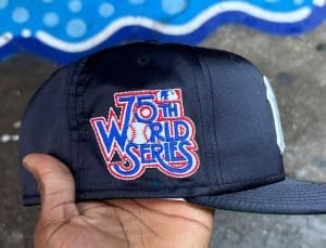 New York Yankees 1975 World Series Navy Blue Satin 59Fifty Fitted Hat by MLB x New Era Patch