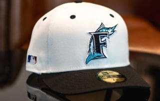 Florida Marlins Side Batty Off-White Black 59Fifty Fitted Hat by MLB x New Era