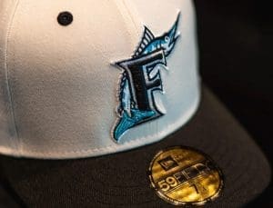 Florida Marlins Side Batty Off-White Black 59Fifty Fitted Hat by MLB x New Era Front