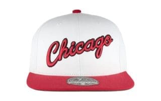 Chicago Bulls Script White Red Fitted Hat by NBA x Mitchell And Ness