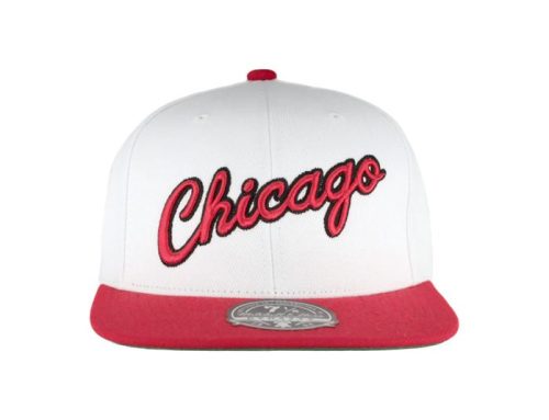 Chicago Bulls Script White Red Fitted Hat by NBA x Mitchell And Ness