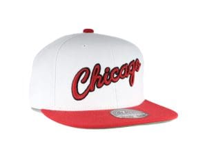 Chicago Bulls Script White Red Fitted Hat by NBA x Mitchell And Ness Front