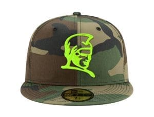 Kamehameha Woodland Camo Safety Green 59Fifty Fitted Hat by Fitted Hawaii x New Era Front