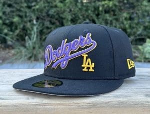 Los Angeles Dodgers Wordmark Black Purple Gold 59Fifty Fitted Hat by MLB x New Era