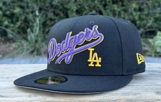 Los Angeles Dodgers Wordmark Black Purple Gold 59Fifty Fitted Hat by MLB x New Era