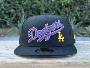 Los Angeles Dodgers Wordmark Black Purple Gold 59Fifty Fitted Hat by MLB x New Era Front