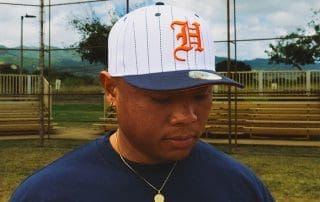 H Pride White Navy Pinstripes 59Fifty Fitted Hat by Fitted Hawaii x New Era