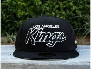 Los Angeles Kings Script Black White 59Fifty Fitted Hat by NHL x New Era Front