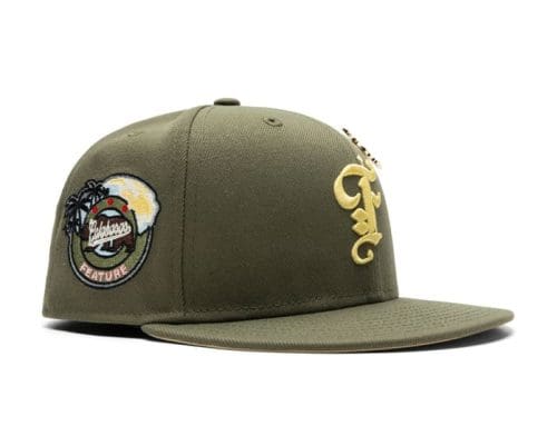 Old English F Calabasas New Olive Vegas Gold 59Fifty Fitted Hat by Feature x New Era