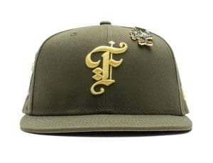 Old English F Calabasas New Olive Vegas Gold 59Fifty Fitted Hat by Feature x New Era Front